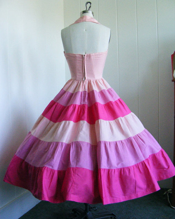 SOLD! 1950's Vintage Shades of Pink Halter Shelf Bust Dress Rockabilly VLV Viva Las Vegas