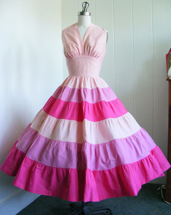 SOLD! 1950's Vintage Shades of Pink Halter Shelf Bust Dress Rockabilly VLV Viva Las Vegas