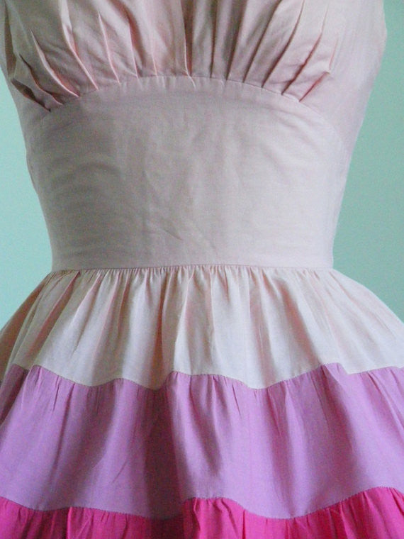 SOLD! 1950's Vintage Shades of Pink Halter Shelf Bust Dress Rockabilly VLV Viva Las Vegas