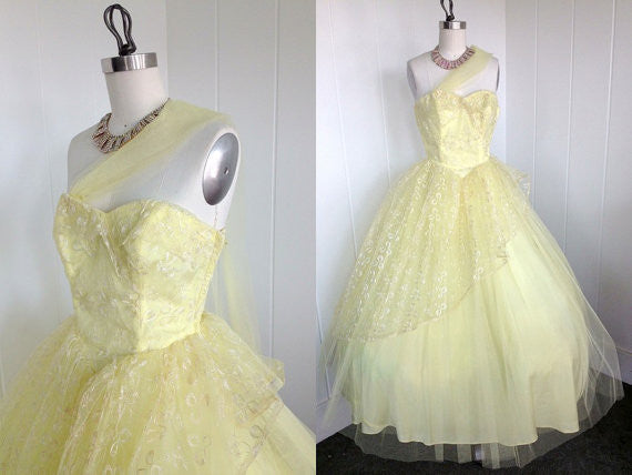 SOLD! 1950's Vintage Yellow Tulle Prom Dress with Sash