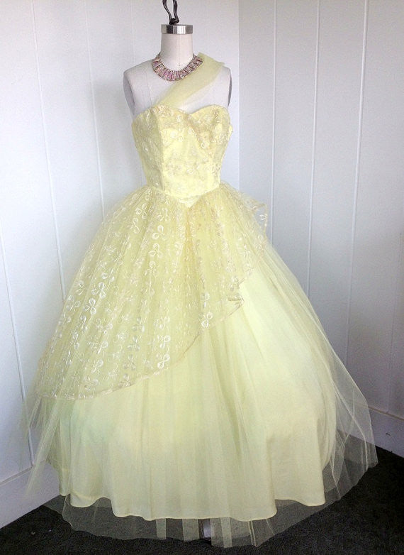 SOLD! 1950's Vintage Yellow Tulle Prom Dress with Sash