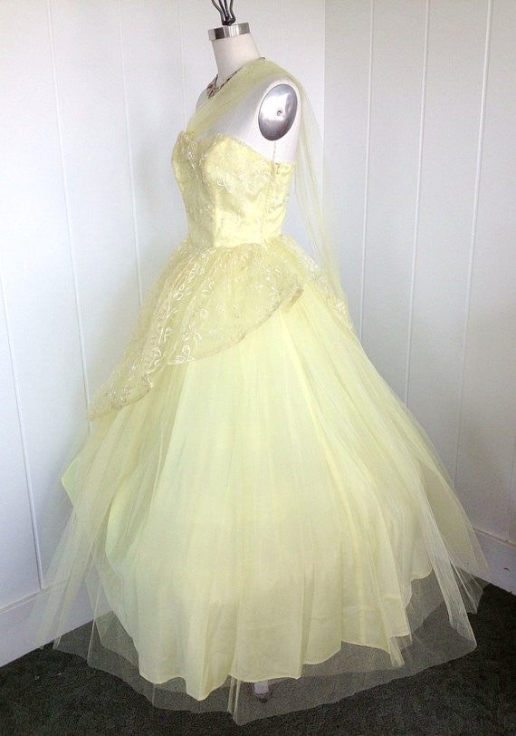 SOLD! 1950's Vintage Yellow Tulle Prom Dress with Sash