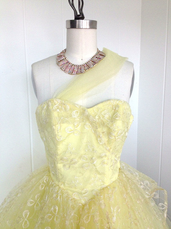 SOLD! 1950's Vintage Yellow Tulle Prom Dress with Sash