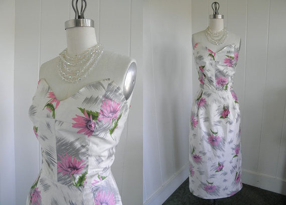 SOLD! 1950's Vintage Hawaiian Tiki Cream Sexy Wiggle Dress with Pink Flowers