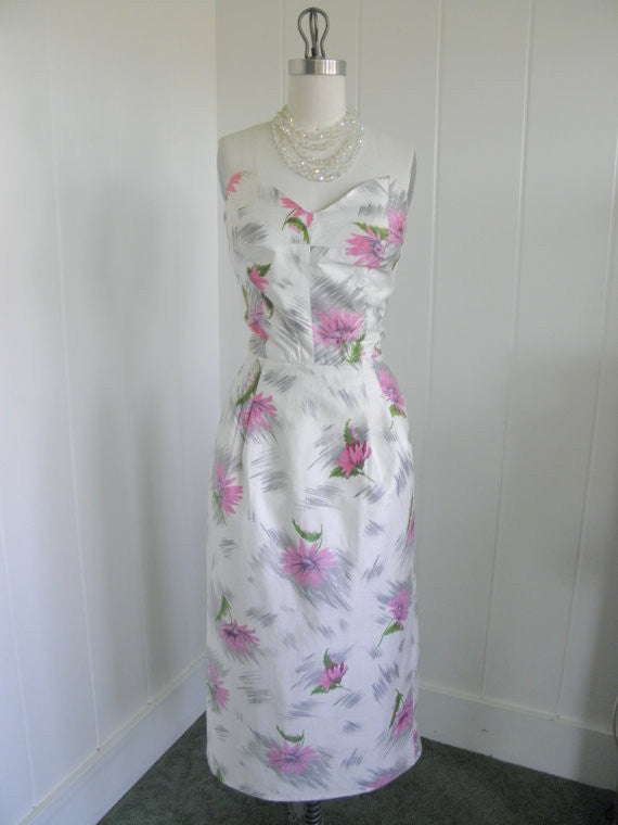SOLD! 1950's Vintage Hawaiian Tiki Cream Sexy Wiggle Dress with Pink Flowers