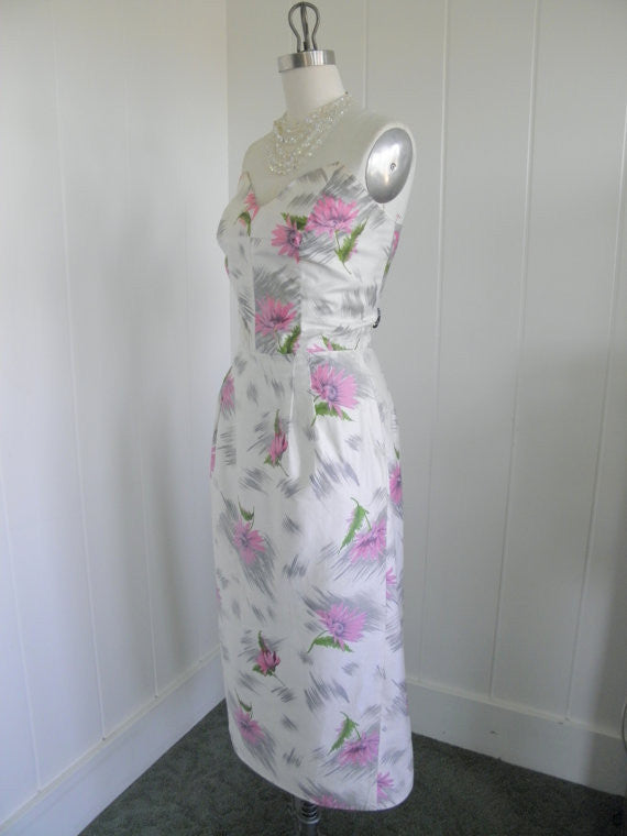 SOLD! 1950's Vintage Hawaiian Tiki Cream Sexy Wiggle Dress with Pink Flowers