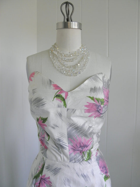 SOLD! 1950's Vintage Hawaiian Tiki Cream Sexy Wiggle Dress with Pink Flowers