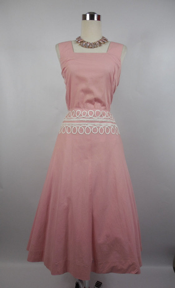 SOLD! 1950's Vintage Pink Cotton Day Dress with White Trim