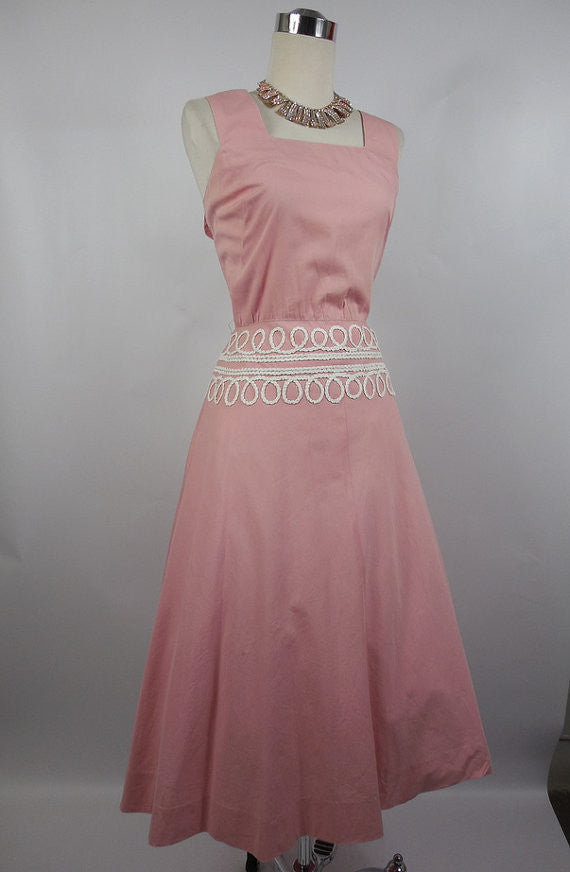 SOLD! 1950's Vintage Pink Cotton Day Dress with White Trim