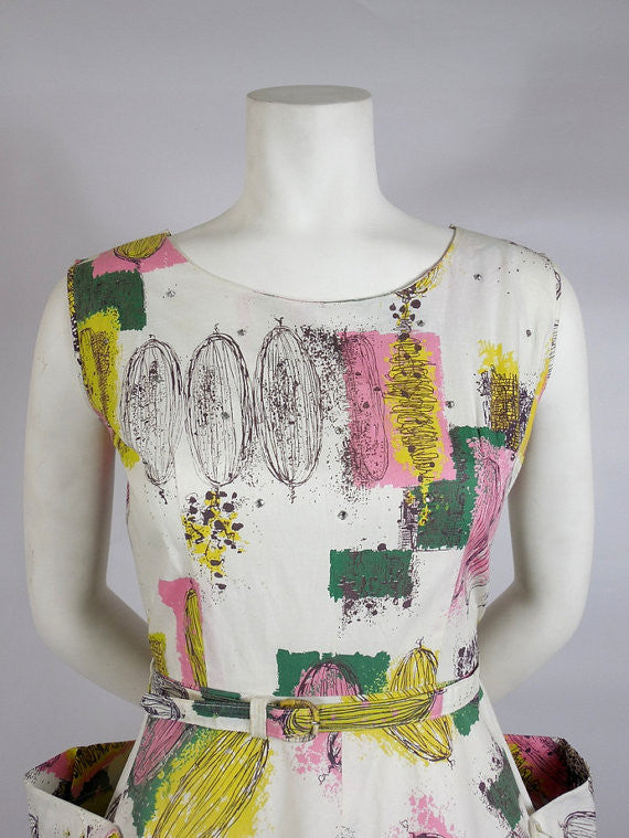 SOLD! 1950s Atomic Print Cotton Dress with Rhinestones