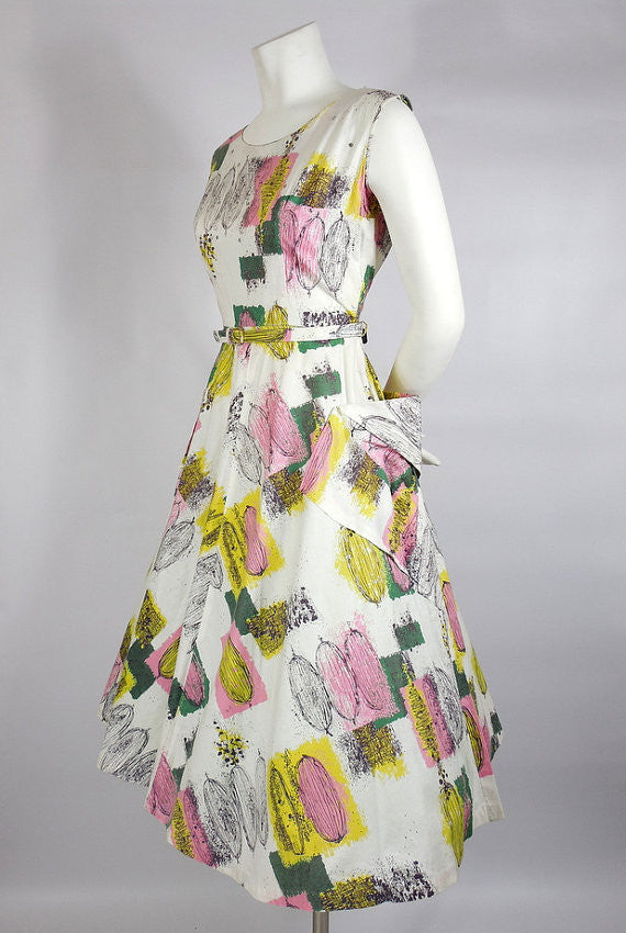 SOLD! 1950s Atomic Print Cotton Dress with Rhinestones