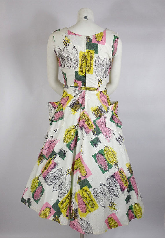 SOLD! 1950s Atomic Print Cotton Dress with Rhinestones