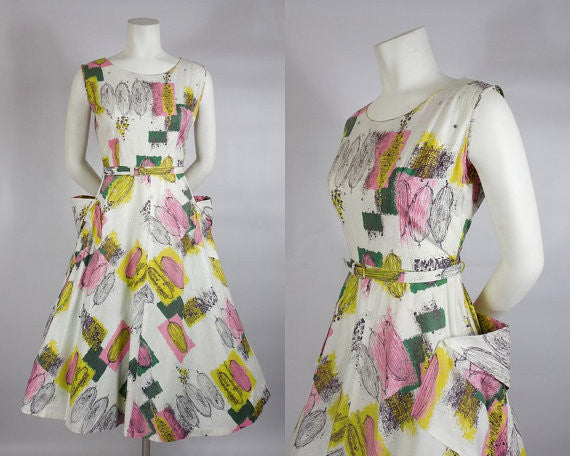 SOLD! 1950s Atomic Print Cotton Dress with Rhinestones
