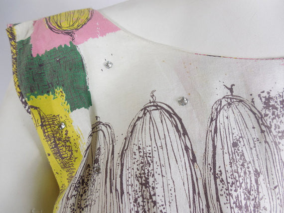 SOLD! 1950s Atomic Print Cotton Dress with Rhinestones