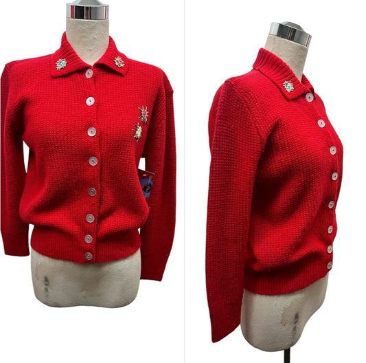 SOLD! 1950 Vintage Large Size Red Soft Sweater with Floral Appliques Perfect