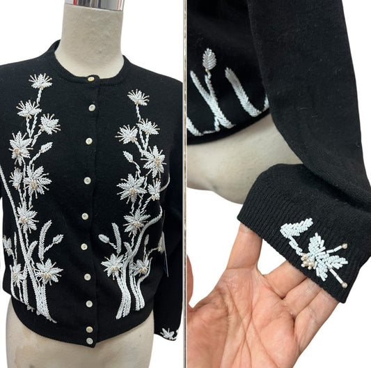 1950 Vintage Large Size Black Soft Sweater with White Beaded Flowers Perfect