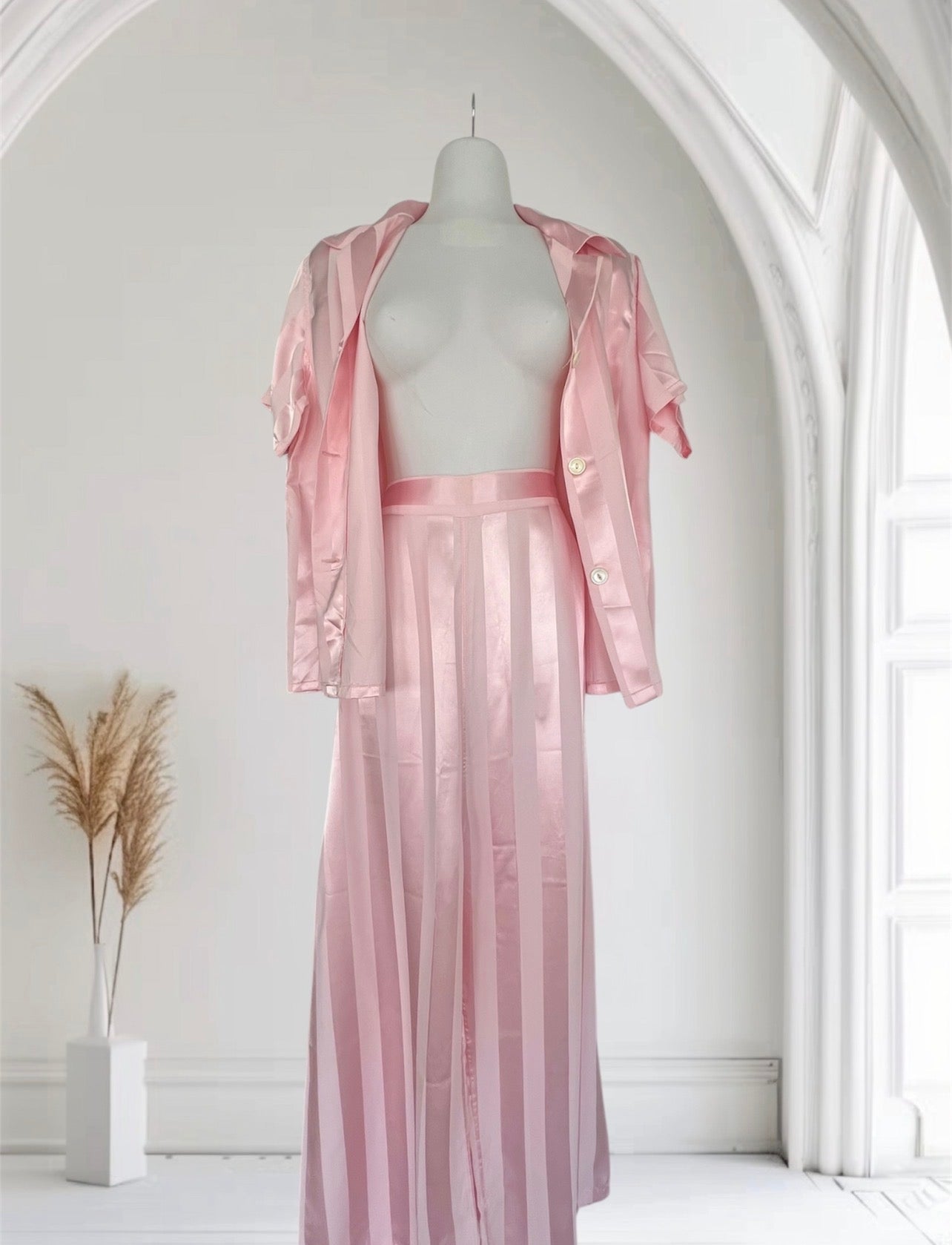 NEW ARRIVAL! 1940's 1950's Rare Vintage Soft Pink Striped Satin Silky Lounging PJ's