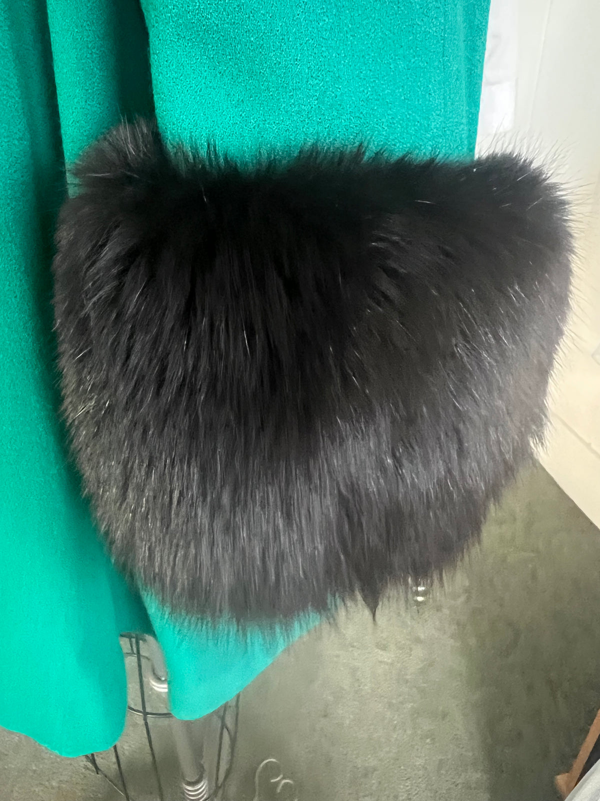 1980's Vintage Emerald Green Swing Coat with Wide Fox Fur Cuffs Size 14 Perfect