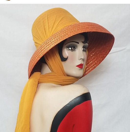 1950 1960 Tangerine Orange Straw Hat with Matching Chiffon Scarf  So Summer