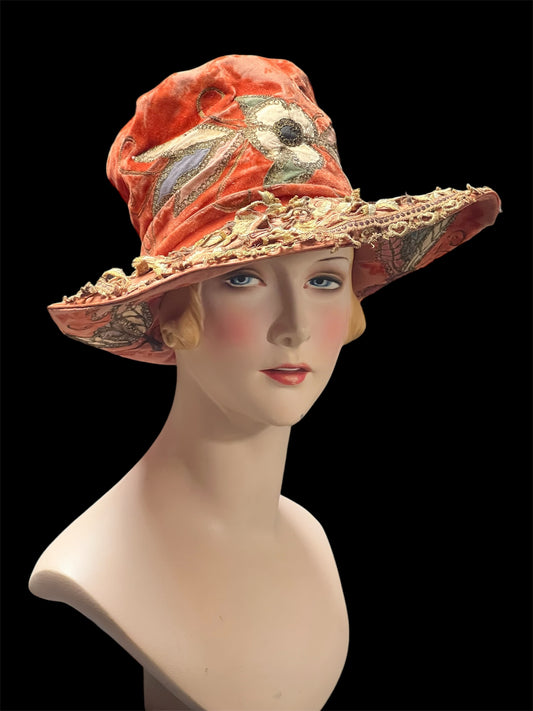 SOLD! Rare Vintage Antique 1920's Coral Velvet and Silk Cloche with Wide Brim Hat