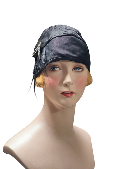 Vintage 1920's Black Silk Satin Evening Cloche Hat with Decorative Celluloid Hat Pin