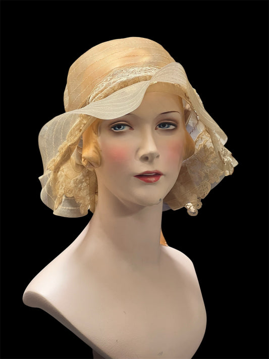 Rare Vintage Antique 1920's Cream Horse Hair Mesh Cloche Wide Brim Hat