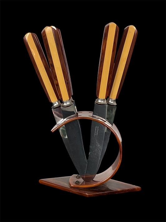 1920 1930 Vintage Antique ART DECO German Two Tone Bakelite Fruit Knife Set & Stand