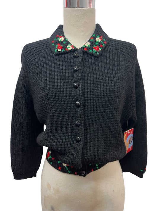 1950 Vintage May Claire Large Size Rich Black Short Waist Sweater with Embroidered Flowers Perfect