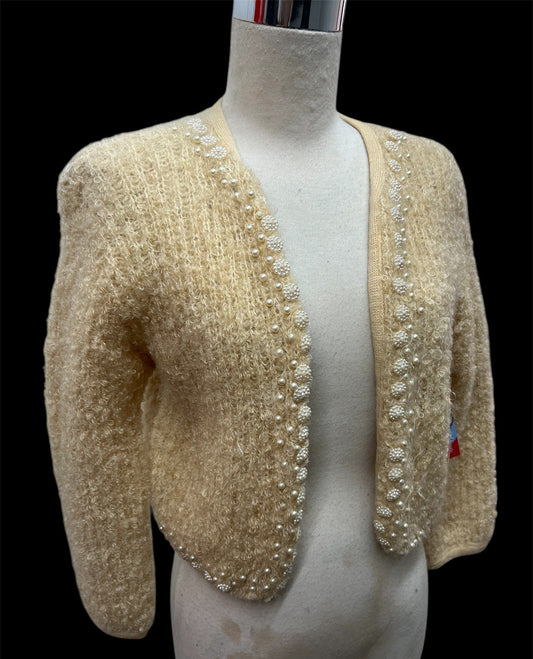 1950 Vintage M Size Cream Soft Bolero Sweater with Faux Pearl Perfect