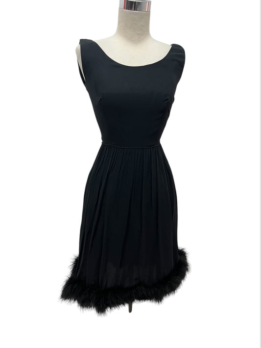 1950 Vintage Black Chiffon Cocktail Dress with Feather Trim Just Gorgeous