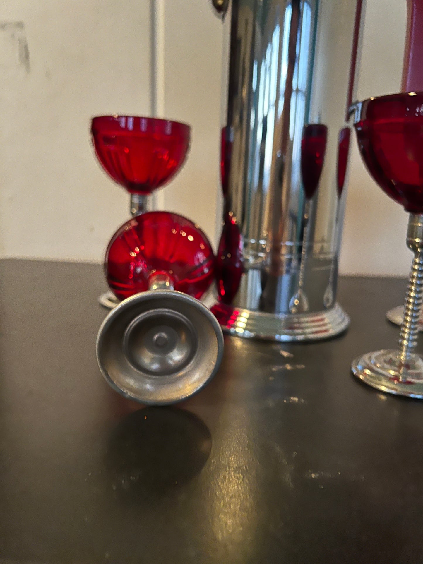 1930's Vintage Art Deco Bakelite Chrome Cocktail Shaker & Ruby Red Martini Glasses Perfect