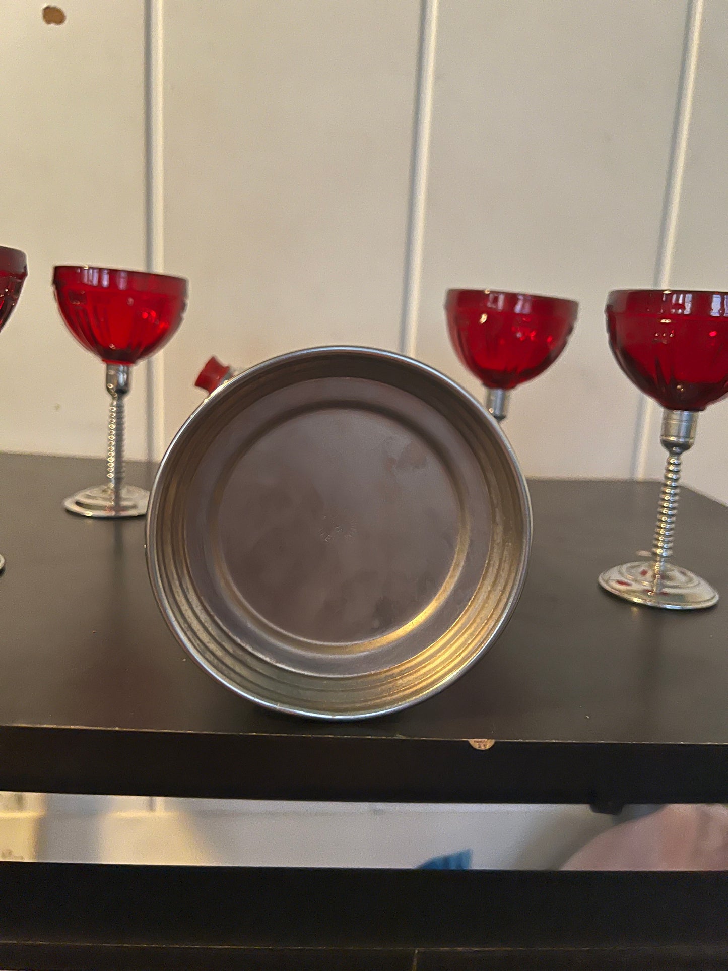 1930's Vintage Art Deco Bakelite Chrome Cocktail Shaker & Ruby Red Martini Glasses Perfect