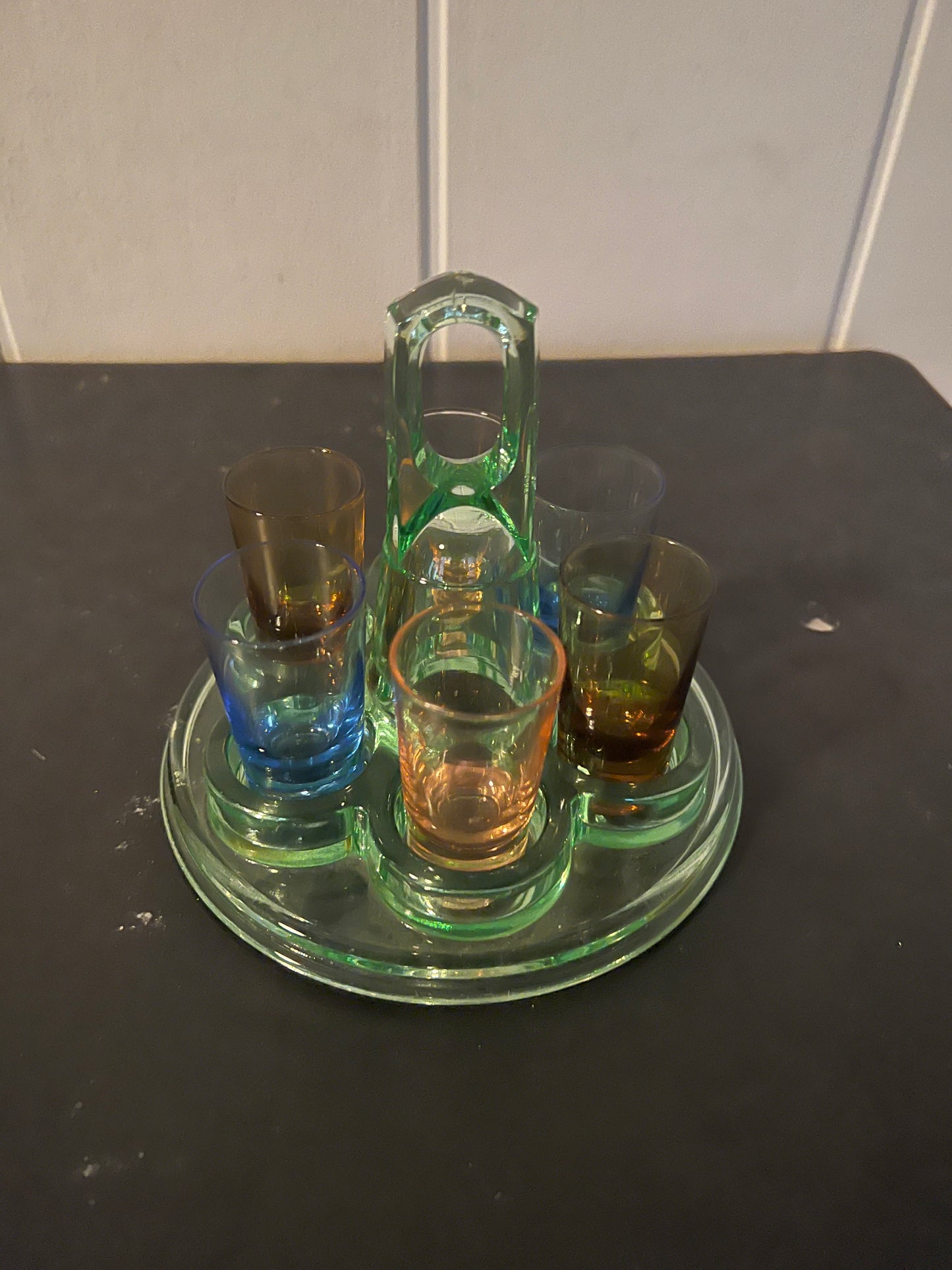 SOLD! 1930's Vintage Art Deco Uranium Vaseline Depression Glass Caddy with Shot Glasses