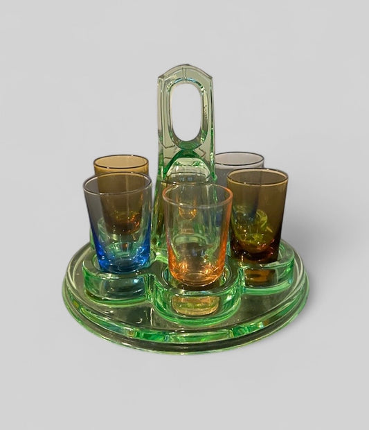 SOLD! 1930's Vintage Art Deco Uranium Vaseline Depression Glass Caddy with Shot Glasses