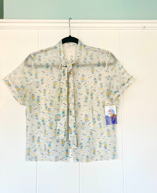 1950's Vintage White with Sail Boat Print Summer Nylon & Rayon Blouse Great Condition