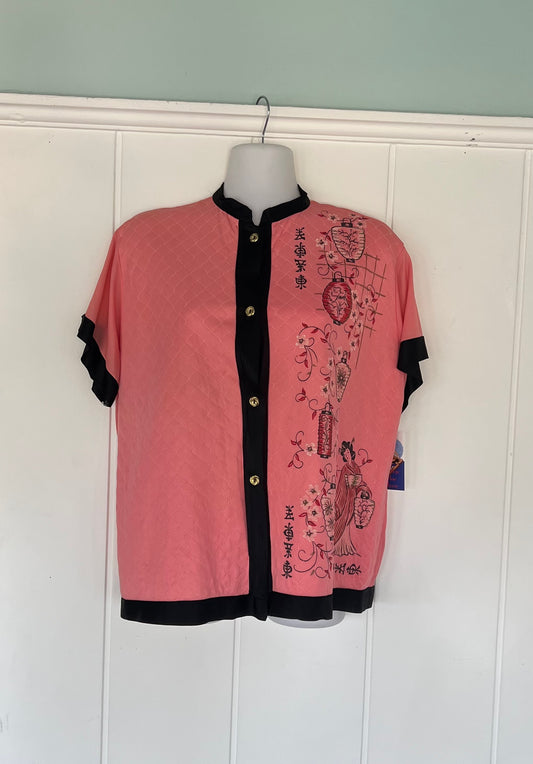 SOLD! 1940's Vintage Coral Nylon Blouse with Asian Print Design Size M to L