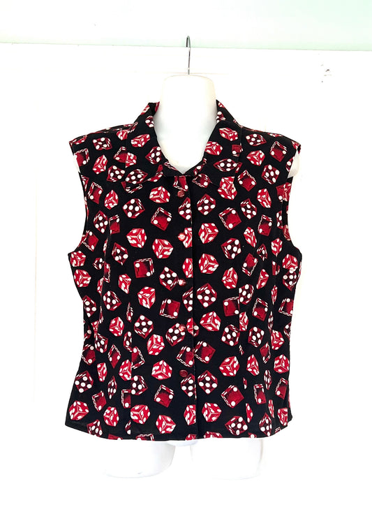 JUST ARRIVED! 1950's Vintage Black Cotton Blouse with Red Dice Design Very VLV