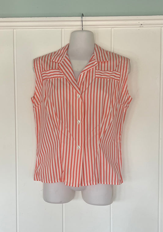 1950's Vintage White & Orange Stripe Summer Cotton Blouse Great Condition
