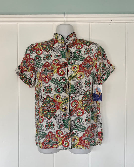 1940's Vintage Rayon Crepe White with Multi Colored Design Blouse