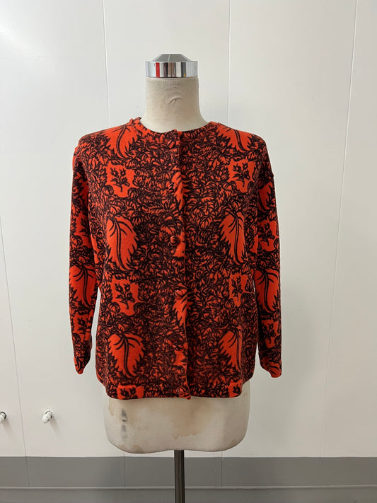 1950 1960 Vintage I. Magnin Waist Length Orange and Black Fall Leaf Sweater
