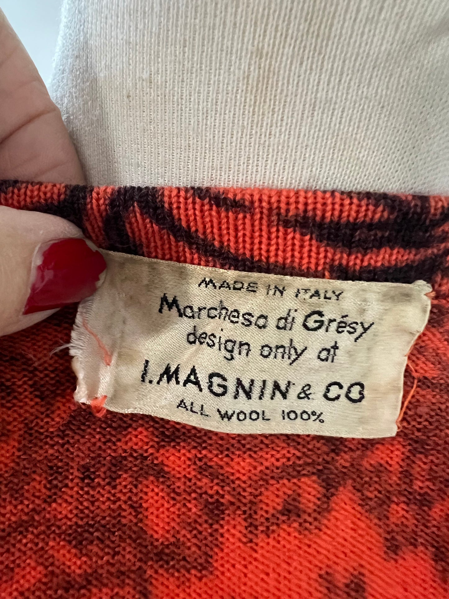 1950 1960 Vintage I. Magnin Waist Length Orange and Black Fall Leaf Sweater
