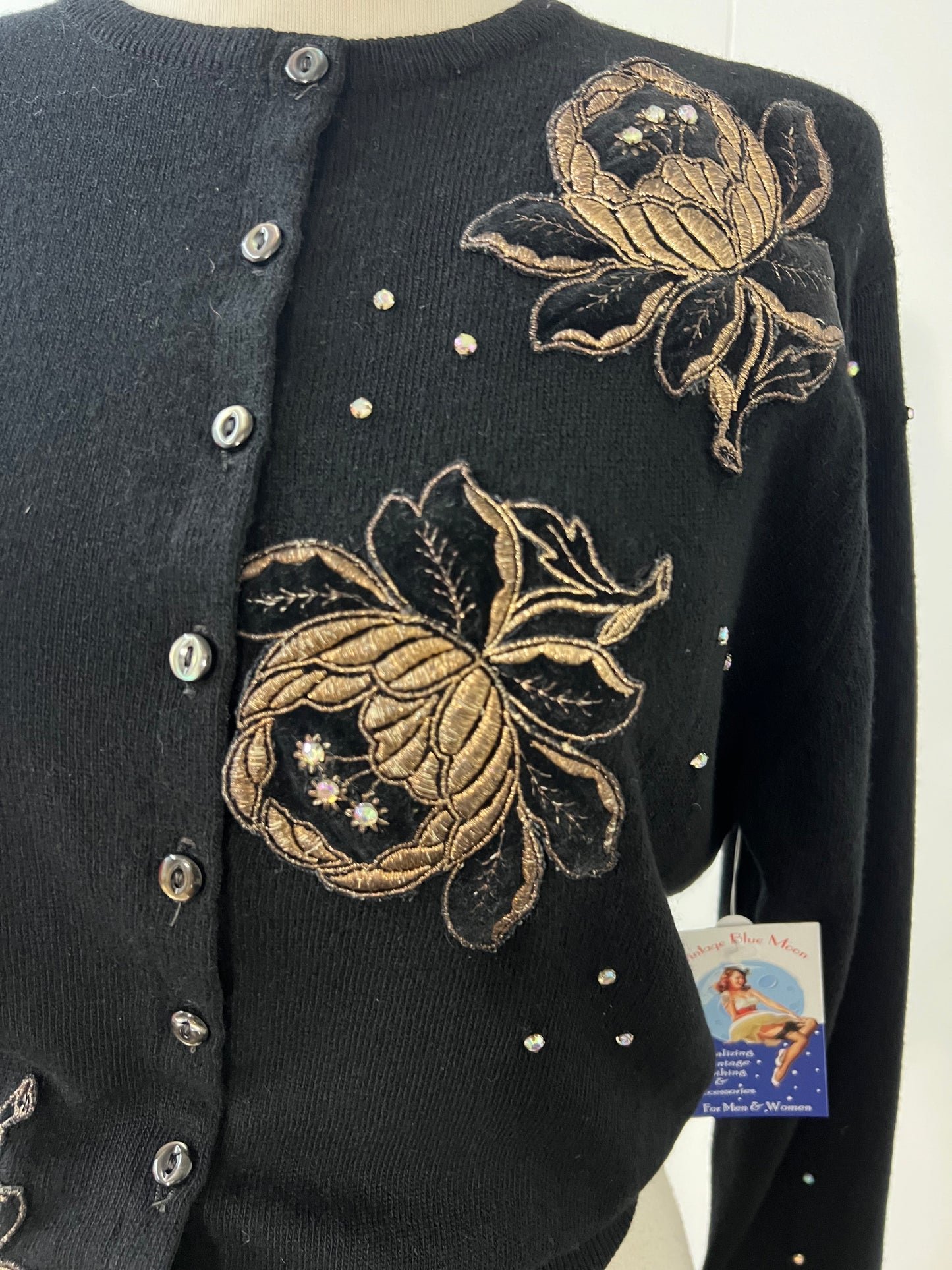 1950 Vintage Black Soft Cashmere Waist Length Sweater with Gold Embordered Roses