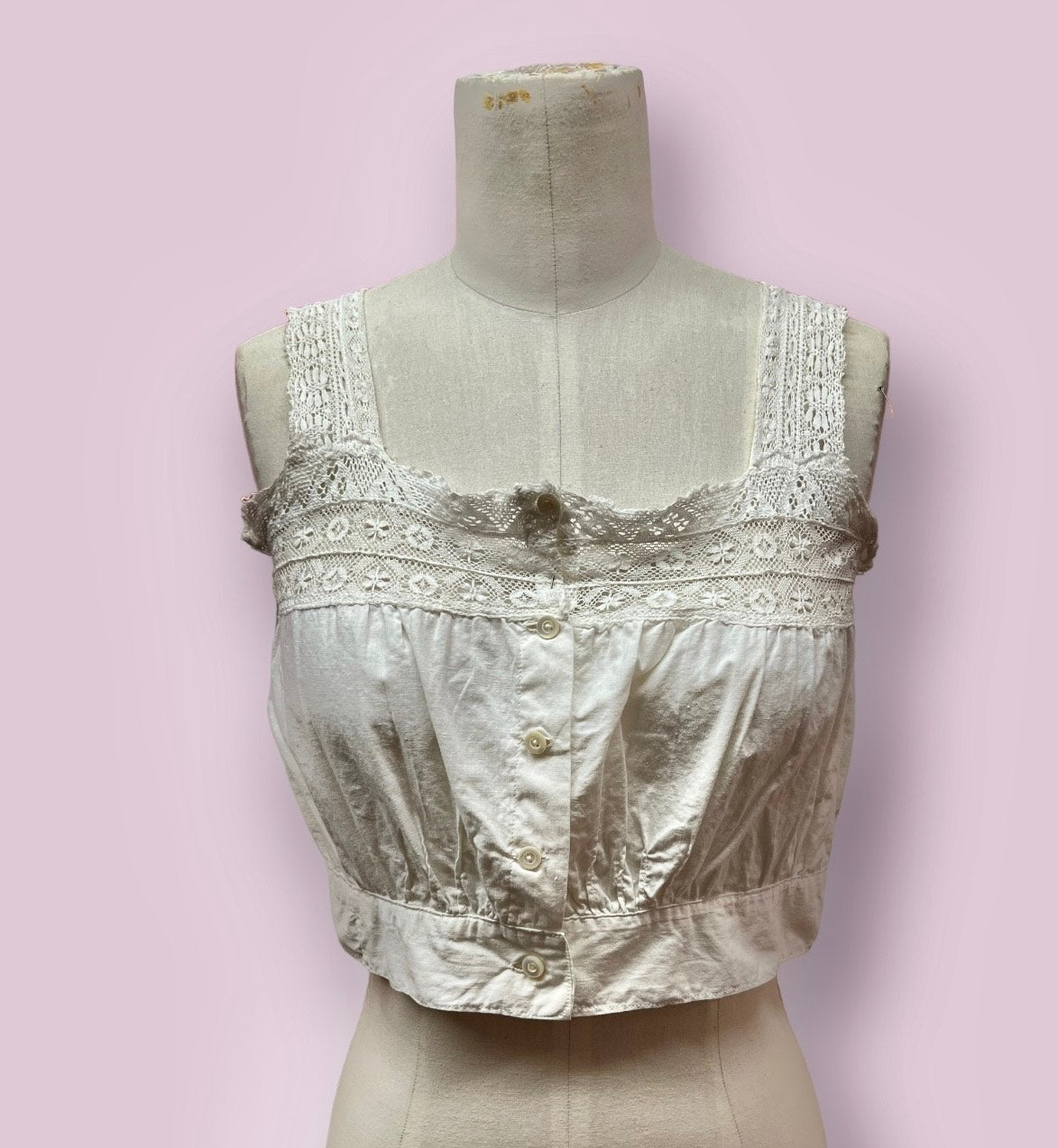 1900's White Cotton Button-down Camisole Top with Hand Made Lace Trim