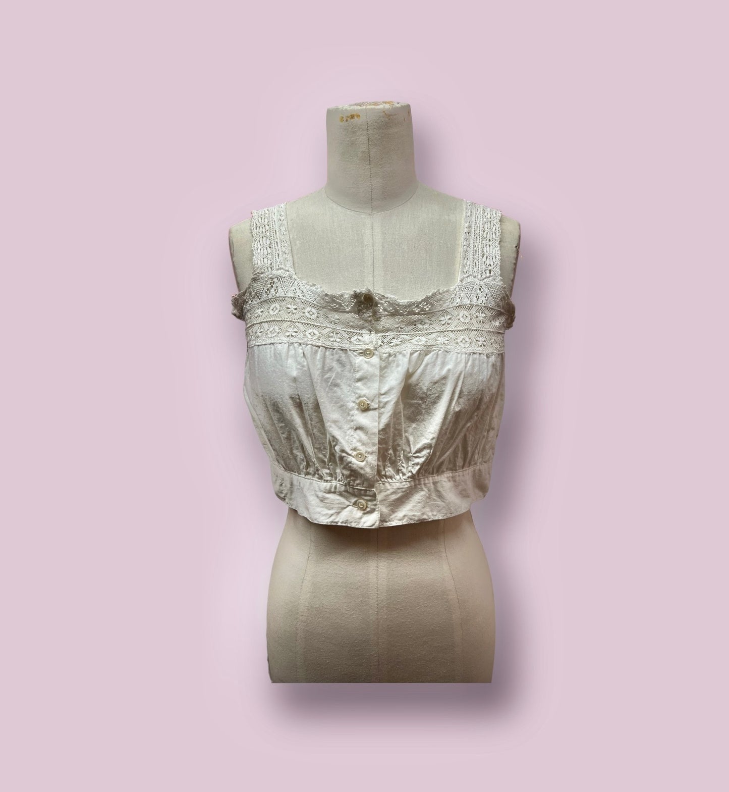 1900's White Cotton Button-down Camisole Top with Hand Made Lace Trim