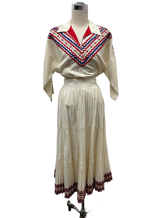 1940 1950 Vintage Size 14 Creamy White Embellished Red Blue Ric Rack Trim Patio Set Skirt Blouse Set