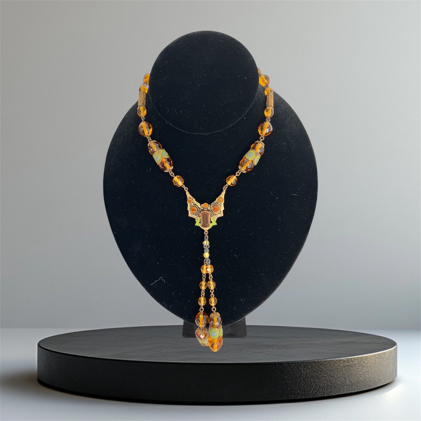 SOLD! Antique Art Nouveau 1880 - 1914 Czech Amber Glass Elaborate Filigree Brass Metal and Enameled Long Necklace