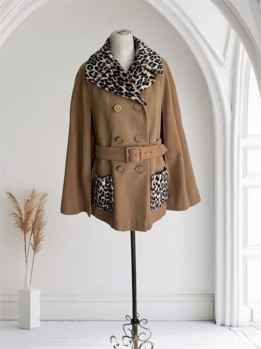 1960's Vintage Faux Leopard with Wool Cape Poncho Coat