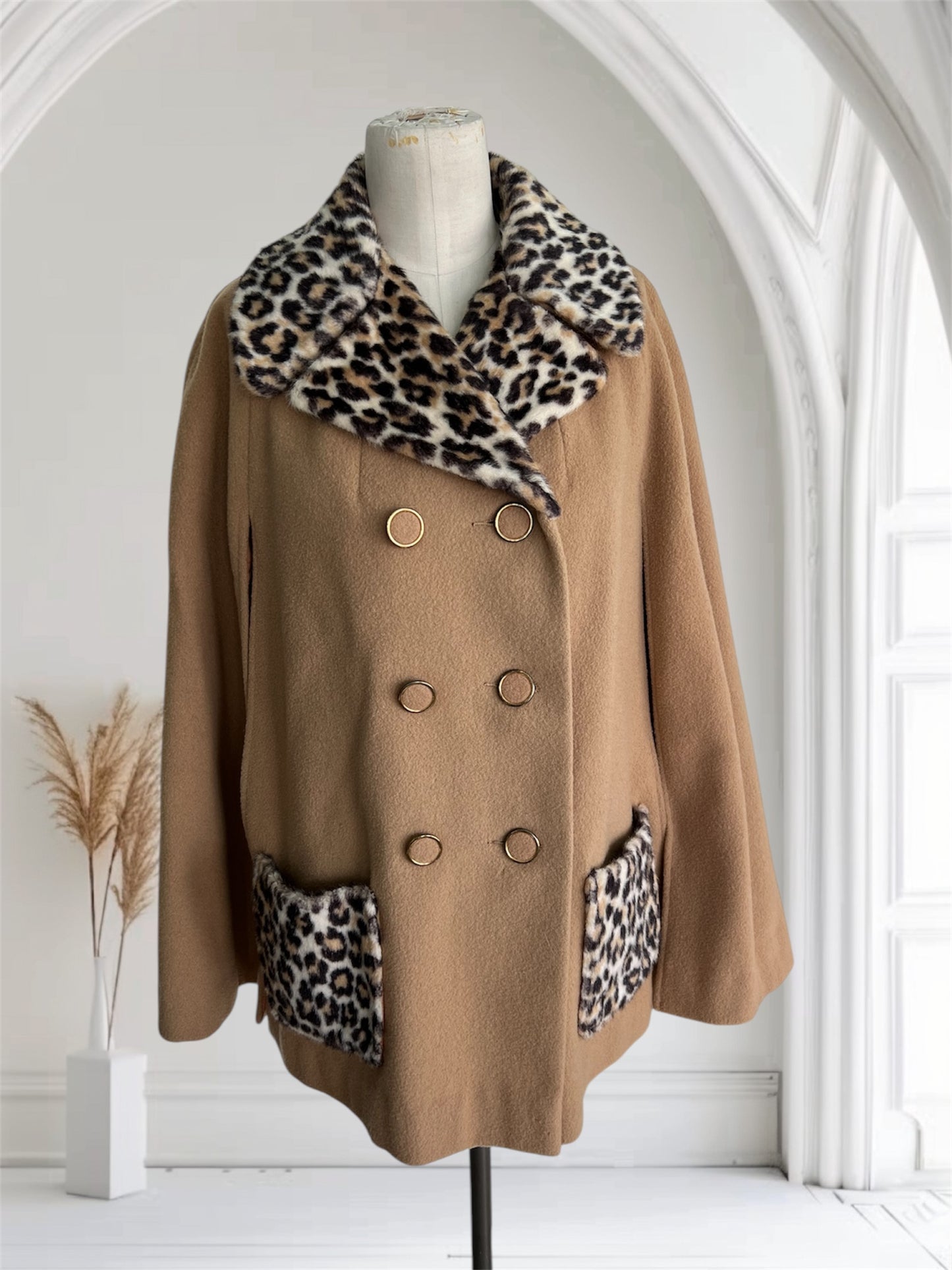1960's Vintage Faux Leopard with Wool Cape Poncho Coat