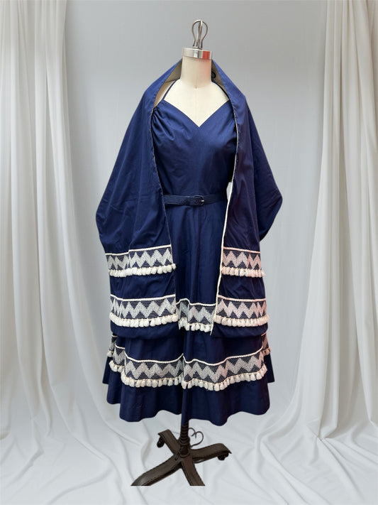 1950's Vintage Royal Blue Justin McCarty Cotton Halter Sun Dress Full Skirt Matching Shawl