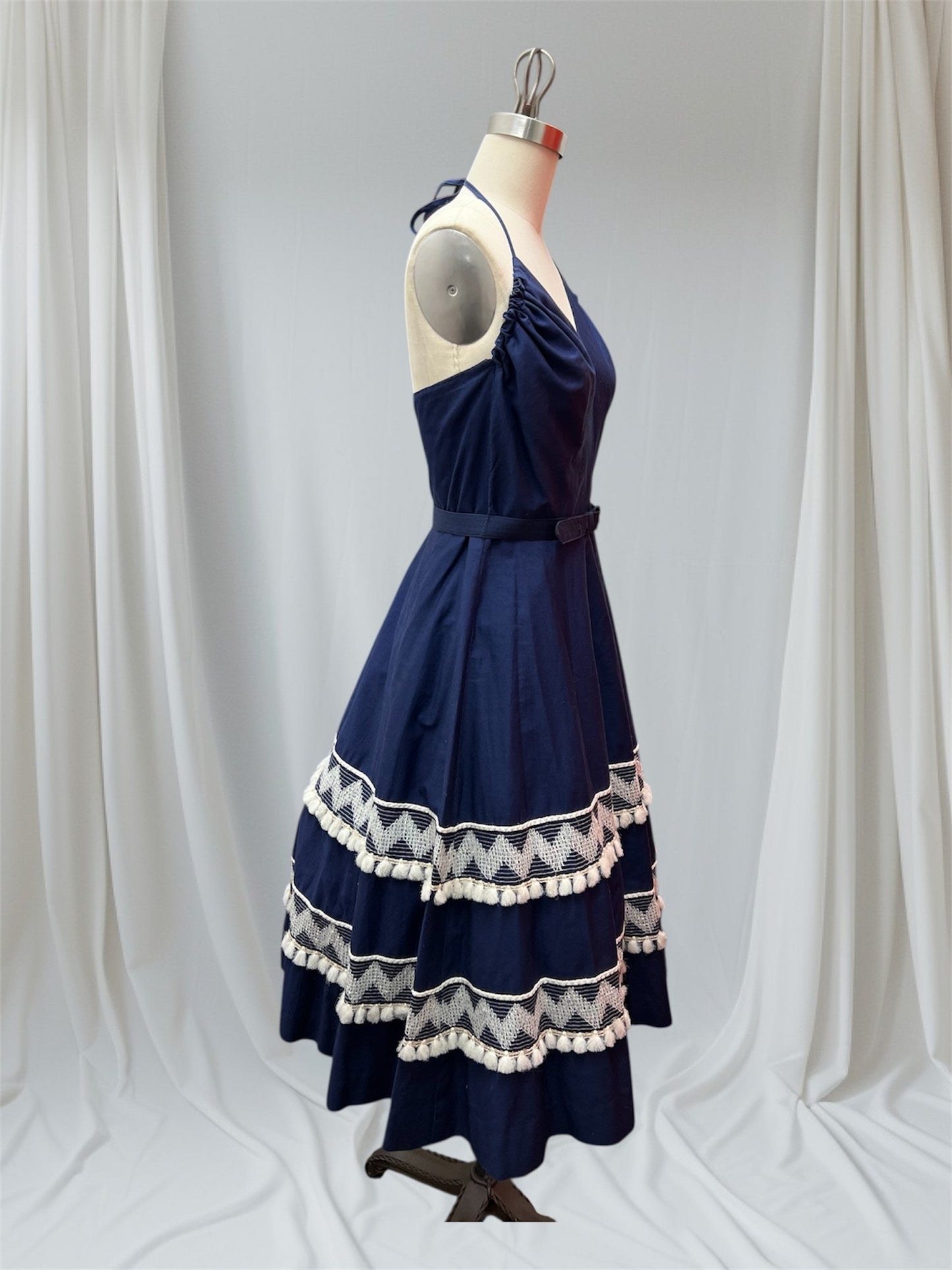 1950's Vintage Royal Blue Justin McCarty Cotton Halter Sun Dress Full Skirt Matching Shawl